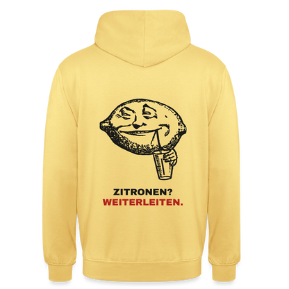 "Zitronen? Weiterleiten." Motiv-Hoodie unisex, Farbe Zitronengelb
