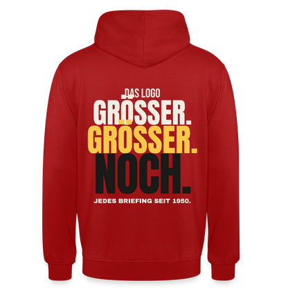 Das Logo größer. Größer. Noch. Jedes Briefing seit 1950. Motiv-Hoodie unisex, Farbe Rot