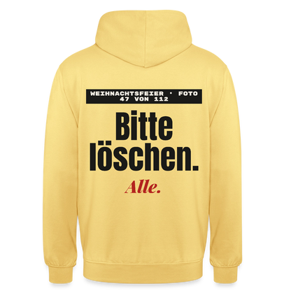 "Weihnachtsfeier, Foto 47 von 112: bitte löschen. Alle." Motiv-Hoodie unisex, Farbe Zitronengelb