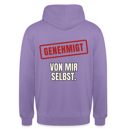 "Genehmigt. Von mir selbst." Motiv-Hoodie unisex, Farbe Lavendel