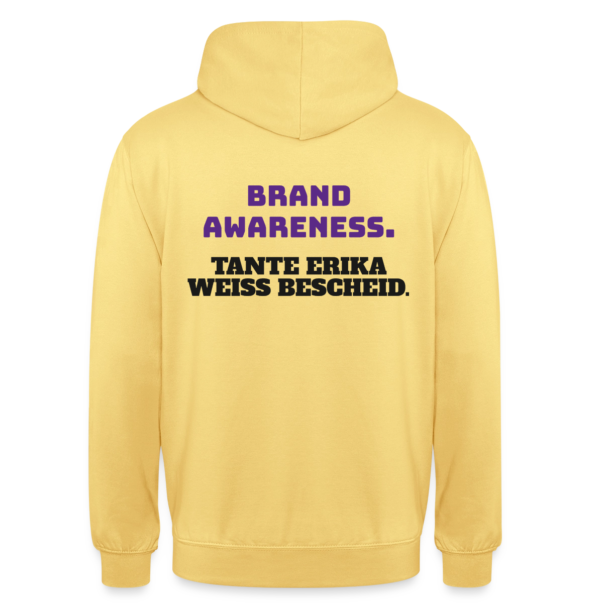 Brand Awareness. Tante Erika weiß Bescheid. Motiv-Hoodie unisex, Farbe Zitronengelb