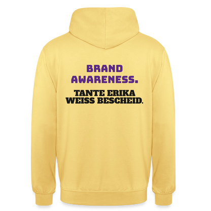 Brand Awareness. Tante Erika weiß Bescheid. Motiv-Hoodie unisex, Farbe Zitronengelb