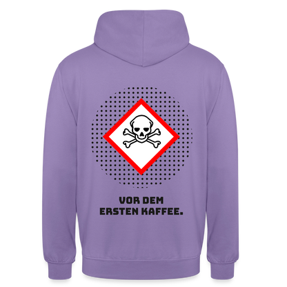 "Vor dem ersten Kaffee. Gefahrzeichen-Motiv" Motiv-Hoodie unisex, Farbe Lavendel