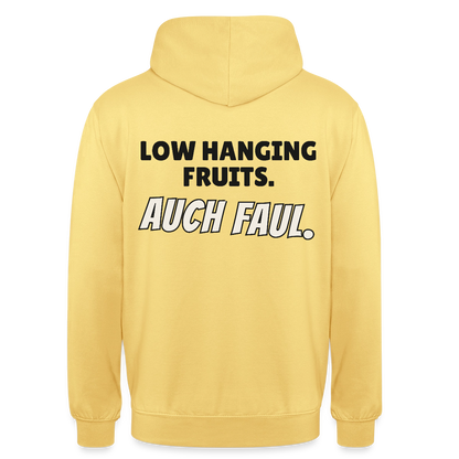 "Low hanging fruits. Auch faul." Motiv-Hoodie unisex, Farbe Zitronengelb