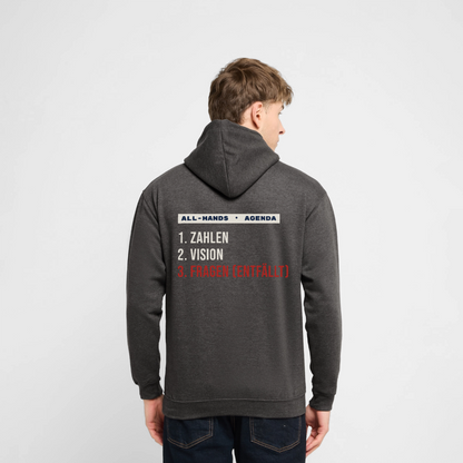 "All-Hands-Agenda: 1 Zahlen, 2 Vision, 3 Fragen (entfällt)" Motiv-Hoodie unisex, Farbe Anthrazit, Model