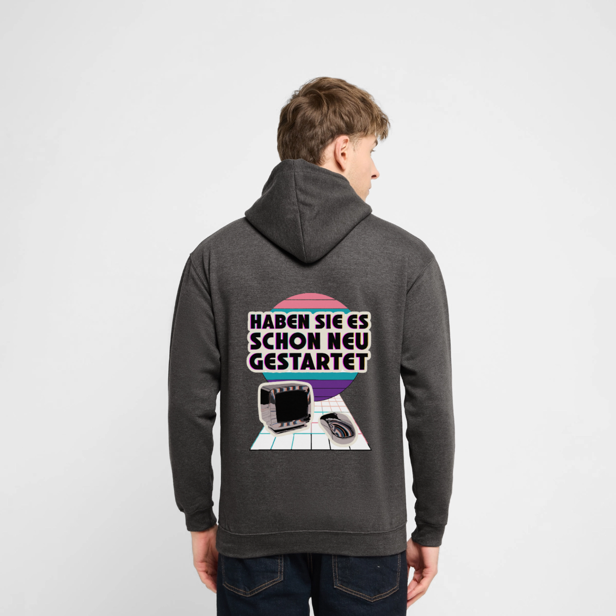 "Haben Sie es schon neu gestartet? Vaporwave-Motiv" Motiv-Hoodie unisex, Farbe Anthrazit, Model