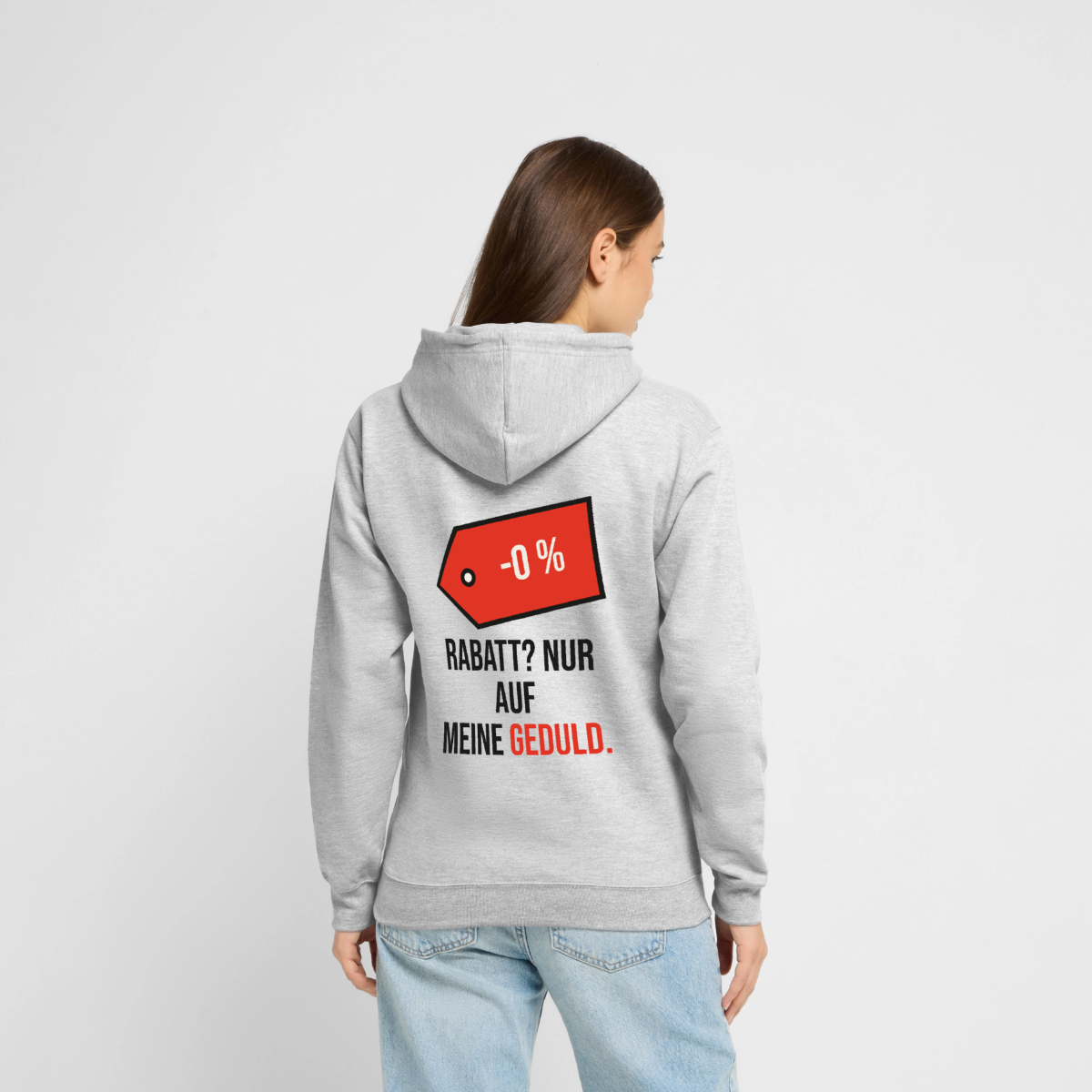 Rabatt? Nur auf meine Geduld. Motiv-Hoodie unisex, Farbe Hellgrau meliert, Model