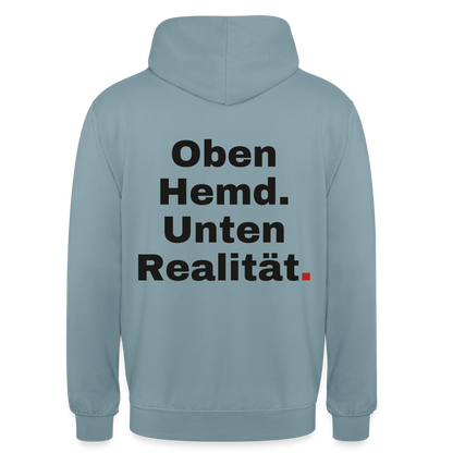 Oben Hemd, unten Realität Motiv-Hoodie unisex, Farbe Nebelblau