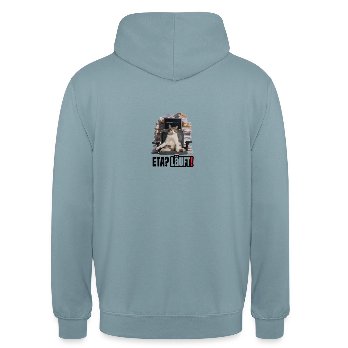 "ETA? Läuft! Bürokatzen-Motiv" Motiv-Hoodie unisex, Farbe Nebelblau