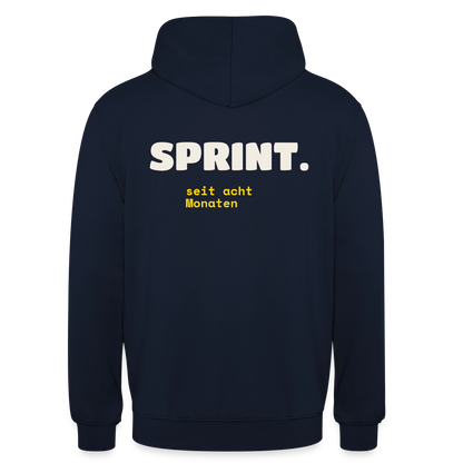 Sprint. Seit acht Monaten. Motiv-Hoodie unisex, Farbe Navy