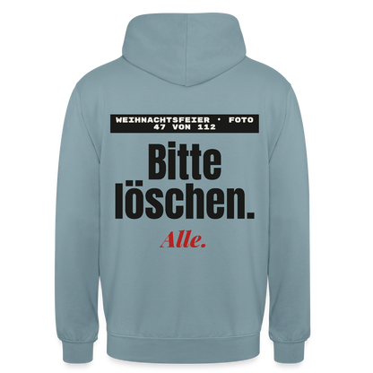 "Weihnachtsfeier, Foto 47 von 112: bitte löschen. Alle." Motiv-Hoodie unisex, Farbe Nebelblau