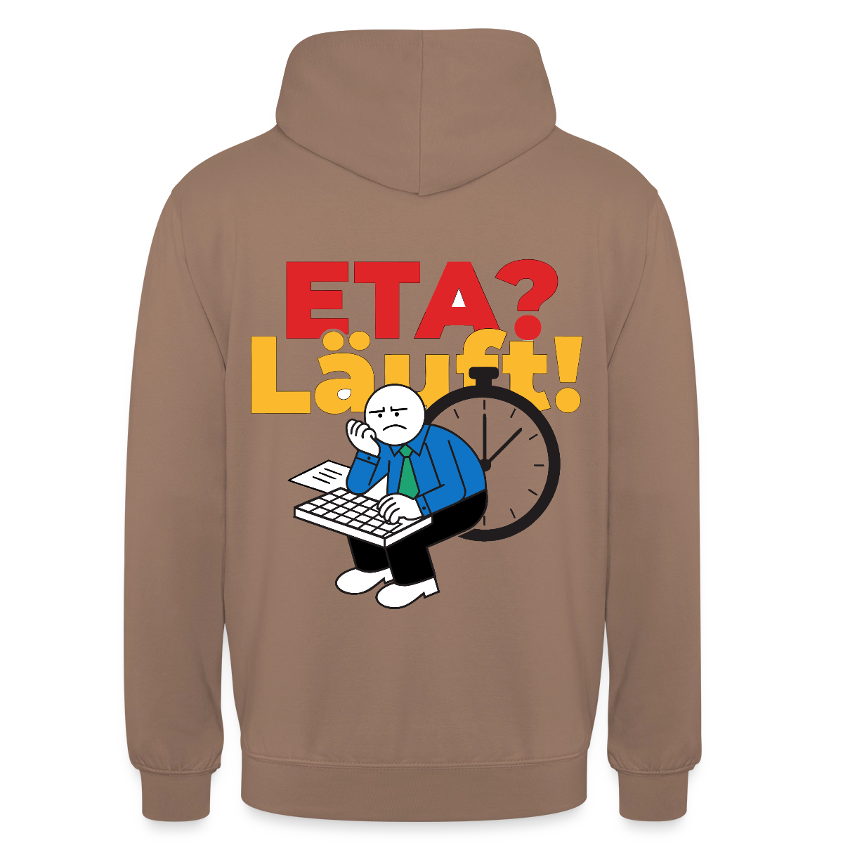 "ETA? Läuft! Strichfiguren-Motiv" Motiv-Hoodie unisex, Farbe Mokka