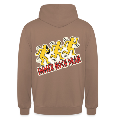 Immer noch dran. Pop-Art-Motiv Motiv-Hoodie unisex, Farbe Mokka