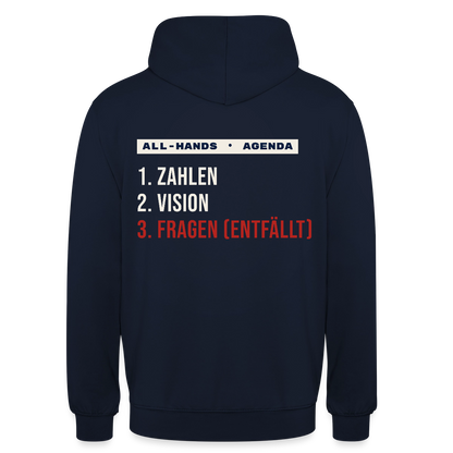 All-Hands-Agenda: 1 Zahlen, 2 Vision, 3 Fragen (entfällt) Motiv-Hoodie unisex, Farbe Navy