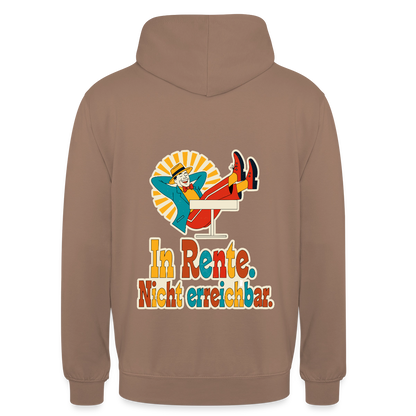 "In Rente. Nicht erreichbar. Midcentury-Motiv" Motiv-Hoodie unisex, Farbe Mokka