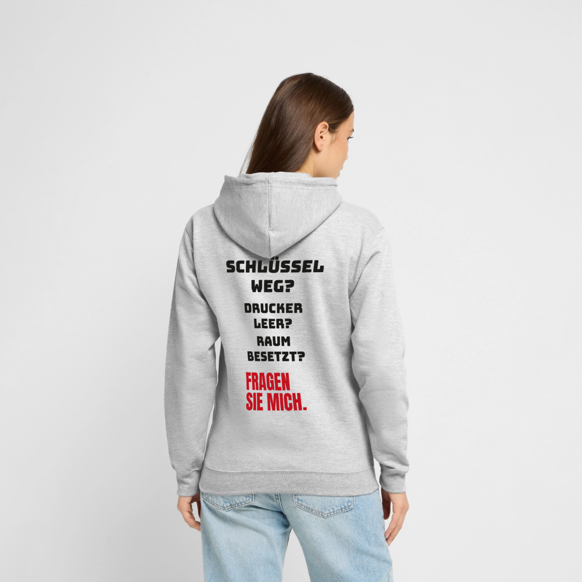 Schlüssel weg? Drucker leer? Raum besetzt? Fragen Sie mich. Motiv-Hoodie unisex, Farbe Hellgrau meliert, Model