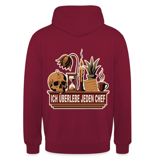 Ich überlebe jeden Chef. Motiv-Hoodie unisex, Farbe Bordeaux