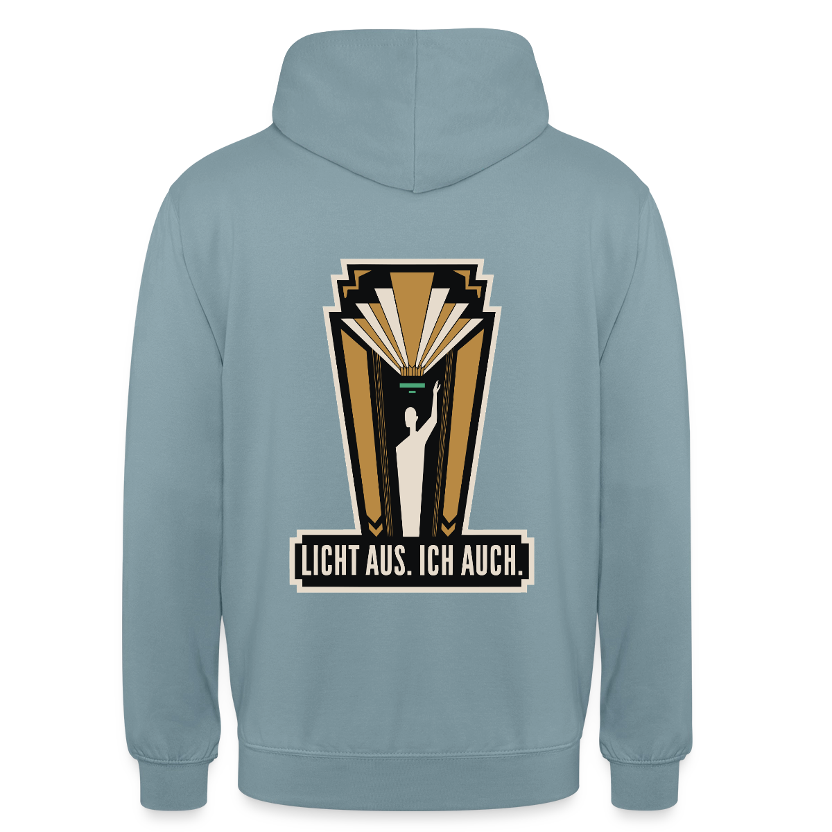 "Licht aus. Ich auch. Art-déco-Motiv" Motiv-Hoodie unisex, Farbe Nebelblau
