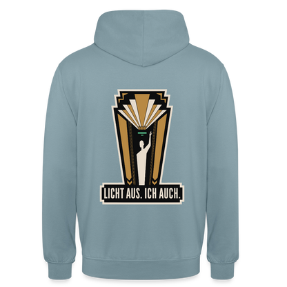 "Licht aus. Ich auch. Art-déco-Motiv" Motiv-Hoodie unisex, Farbe Nebelblau