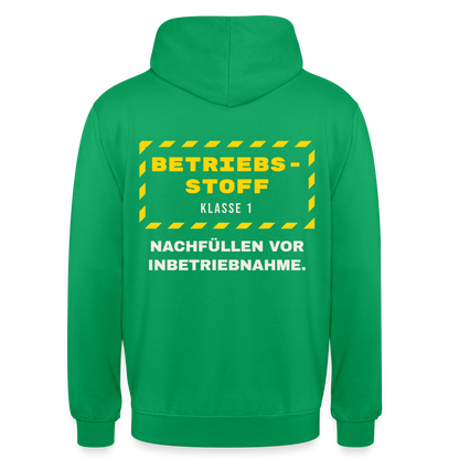 "Betriebsstoff Klasse 1. Nachfüllen vor Inbetriebnahme." Motiv-Hoodie unisex, Farbe Kelly Green
