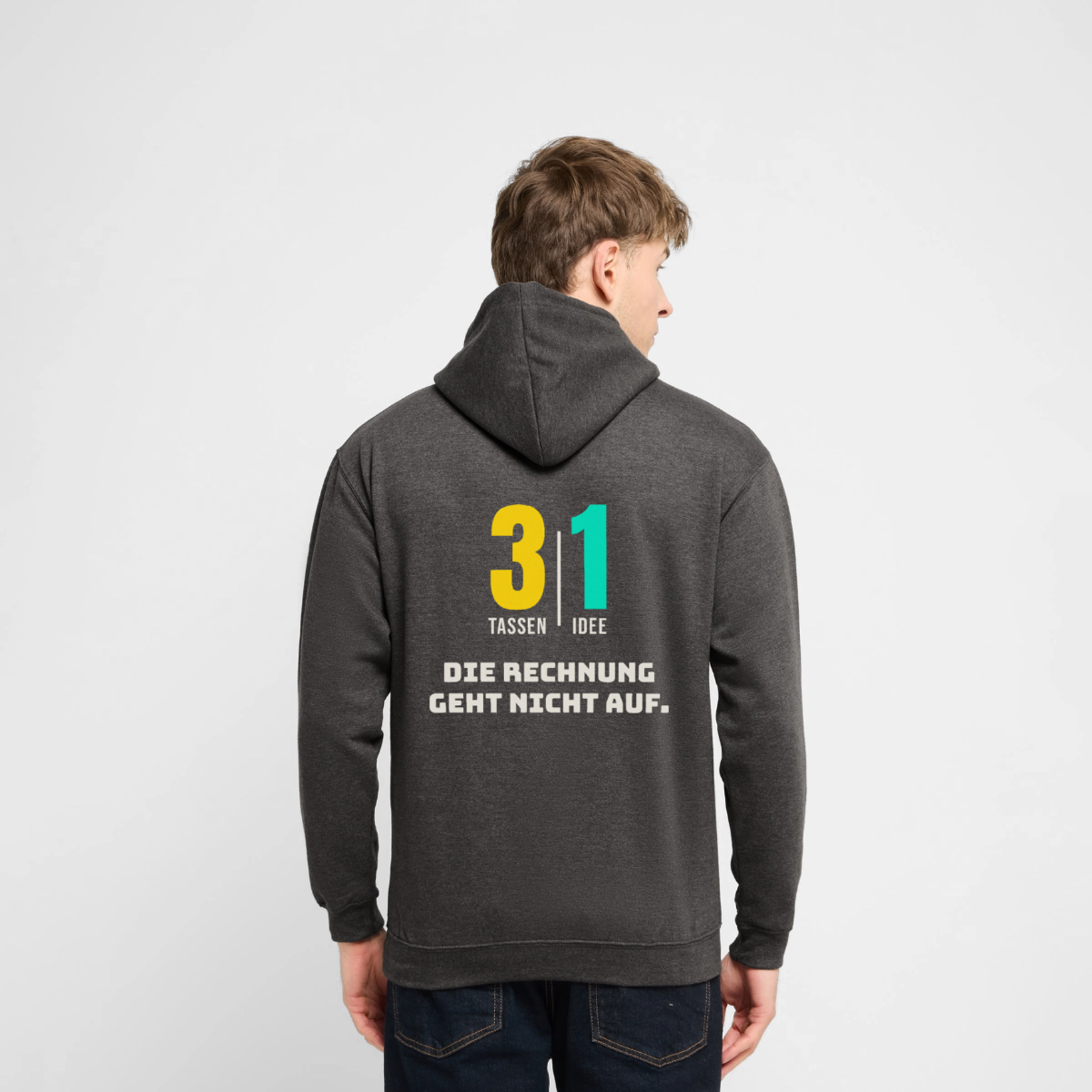 3 Tassen, 1 Idee. Die Rechnung geht nicht auf. Motiv-Hoodie unisex, Farbe Anthrazit, Model
