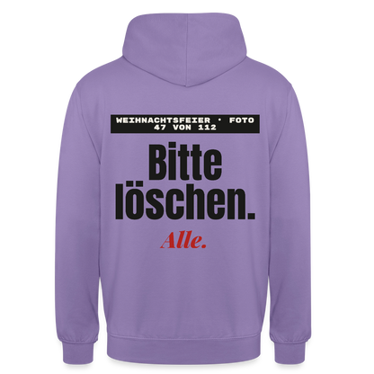 "Weihnachtsfeier, Foto 47 von 112: bitte löschen. Alle." Motiv-Hoodie unisex, Farbe Lavendel