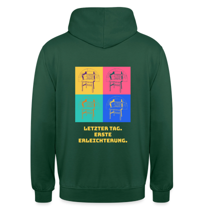 "Letzter Tag. Erste Erleichterung. Popart-Motiv" Motiv-Hoodie unisex, Farbe Flaschengrün