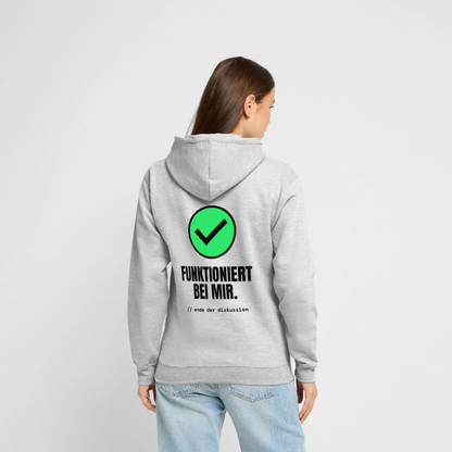Funktioniert bei mir. Ende der Diskussion. Motiv-Hoodie unisex, Farbe Hellgrau meliert, Model