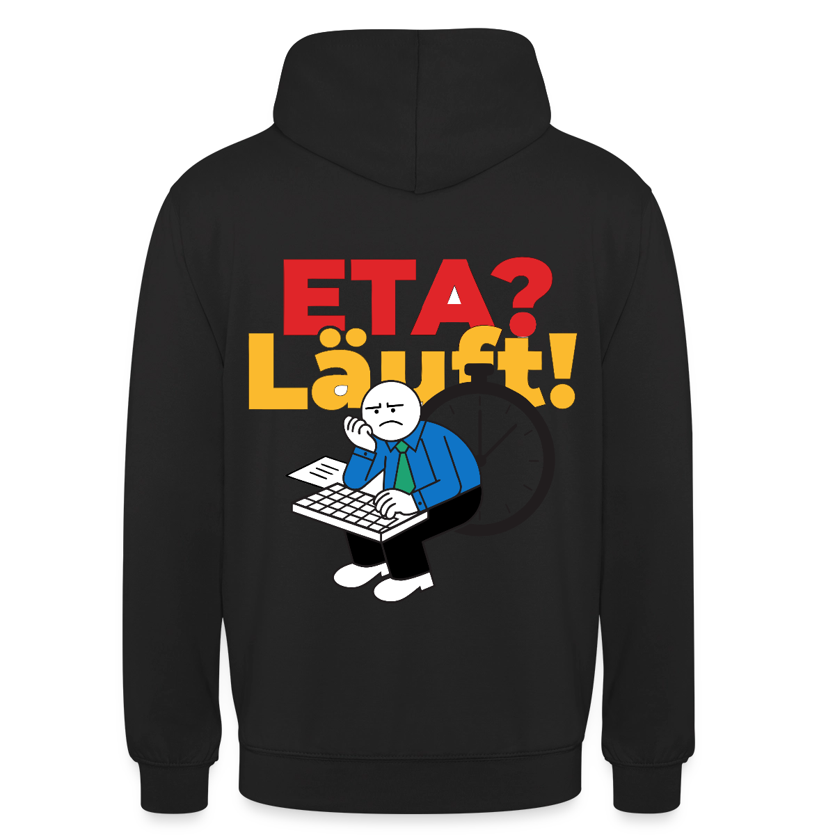 "ETA? Läuft! Strichfiguren-Motiv" Motiv-Hoodie unisex, Farbe Schwarz