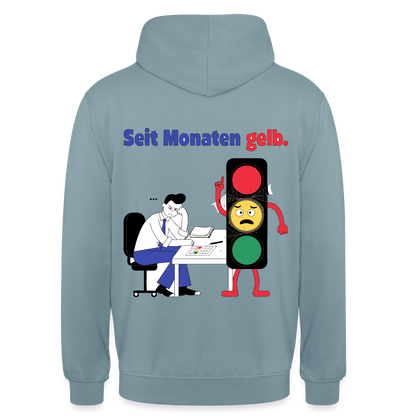 "Seit Monaten gelb. Ampel-Motiv" Motiv-Hoodie unisex, Farbe Nebelblau