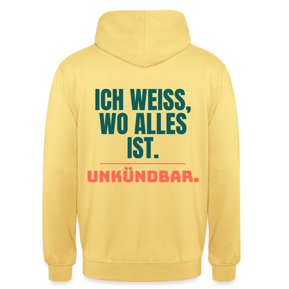 Ich weiß, wo alles ist. Unkündbar. Motiv-Hoodie unisex, Farbe Zitronengelb