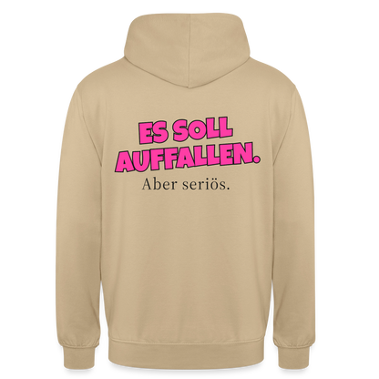 Es soll auffallen. Aber seriös. Motiv-Hoodie unisex, Farbe Beige