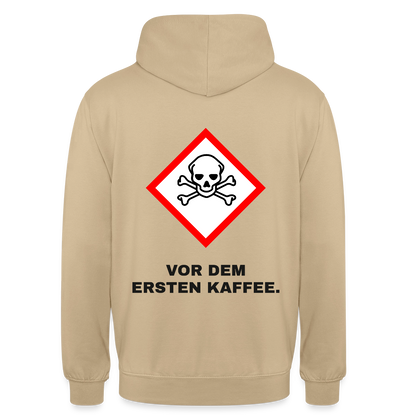 "Vor dem ersten Kaffee. Gefahrzeichen" Motiv-Hoodie unisex, Farbe Beige