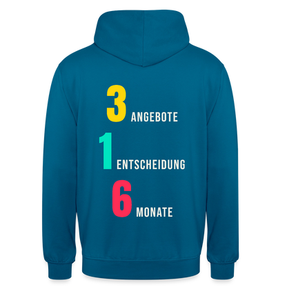 "3 Angebote. 1 Entscheidung. 6 Monate." Motiv-Hoodie unisex, Farbe Tiefseeblau