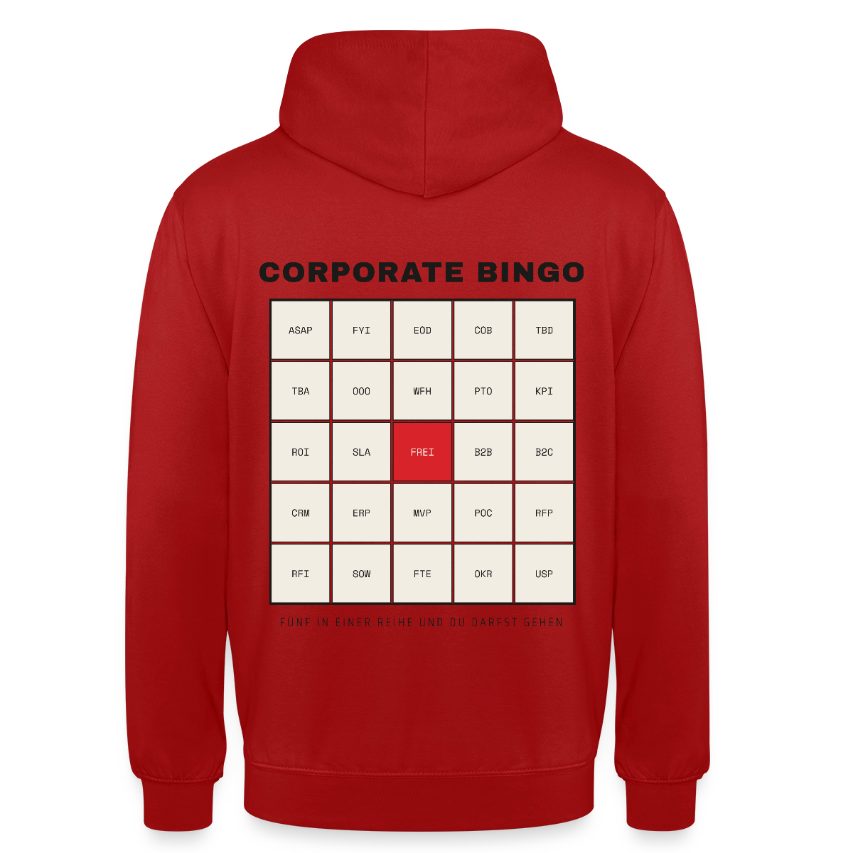 Corporate Bingo. Fünf in einer Reihe. Motiv-Hoodie unisex, Farbe Rot