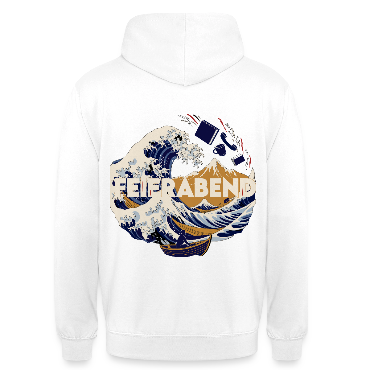 "Feierabend. Ukiyo-e-Motiv" Motiv-Hoodie unisex, Farbe Weiß