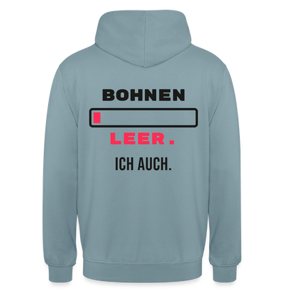"Bohnen leer. Ich auch." Motiv-Hoodie unisex, Farbe Nebelblau
