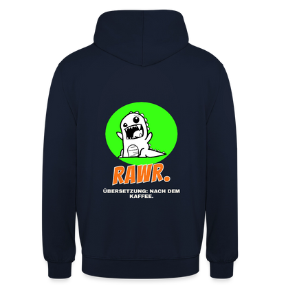 "Rawr. Übersetzung: nach dem Kaffee. Sticker-Motiv" Motiv-Hoodie unisex, Farbe Navy
