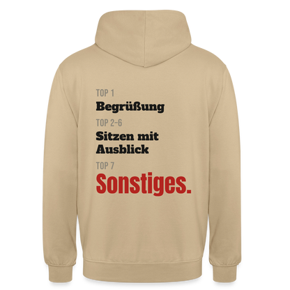Top 1 Begrüßung, Top 2 bis 6 Sitzen mit Ausblick, Top 7 Sonstiges Motiv-Hoodie unisex, Farbe Beige