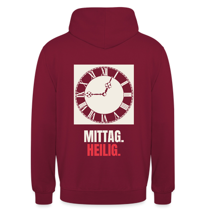 "Mittag. Heilig." Motiv-Hoodie unisex, Farbe Bordeaux