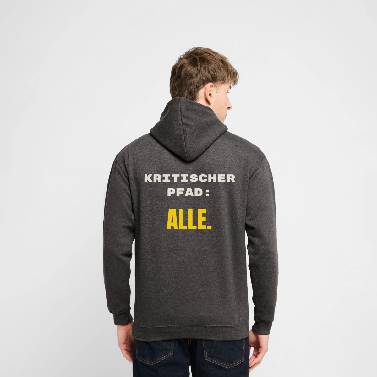 "Kritischer Pfad: alle." Motiv-Hoodie unisex, Farbe Anthrazit, Model