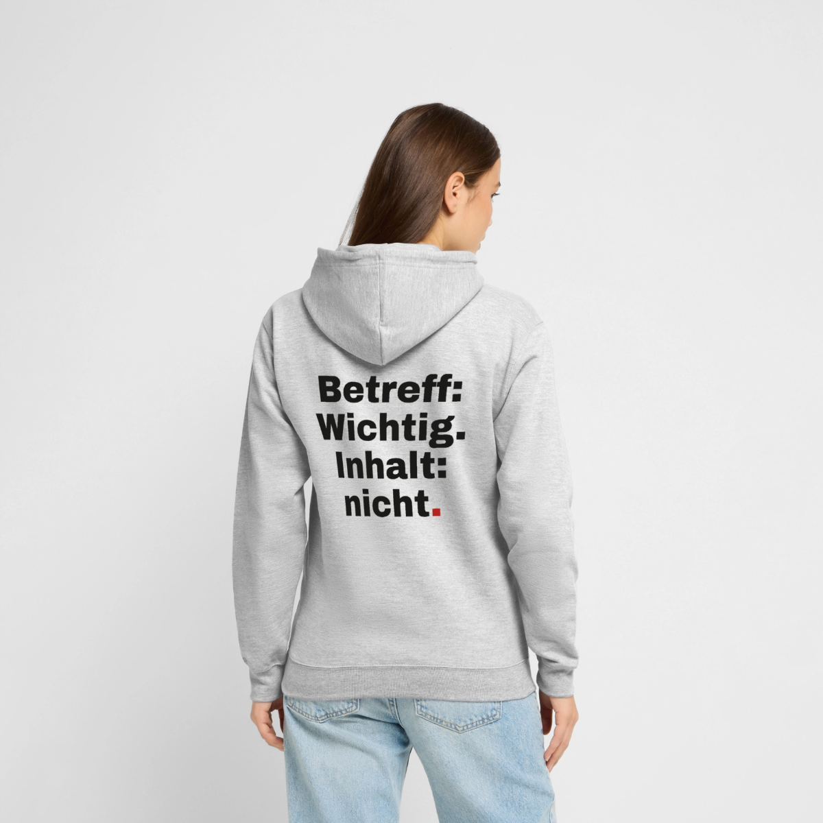 Betreff: Wichtig. Inhalt: nicht. Motiv-Hoodie unisex, Farbe Hellgrau meliert, Model