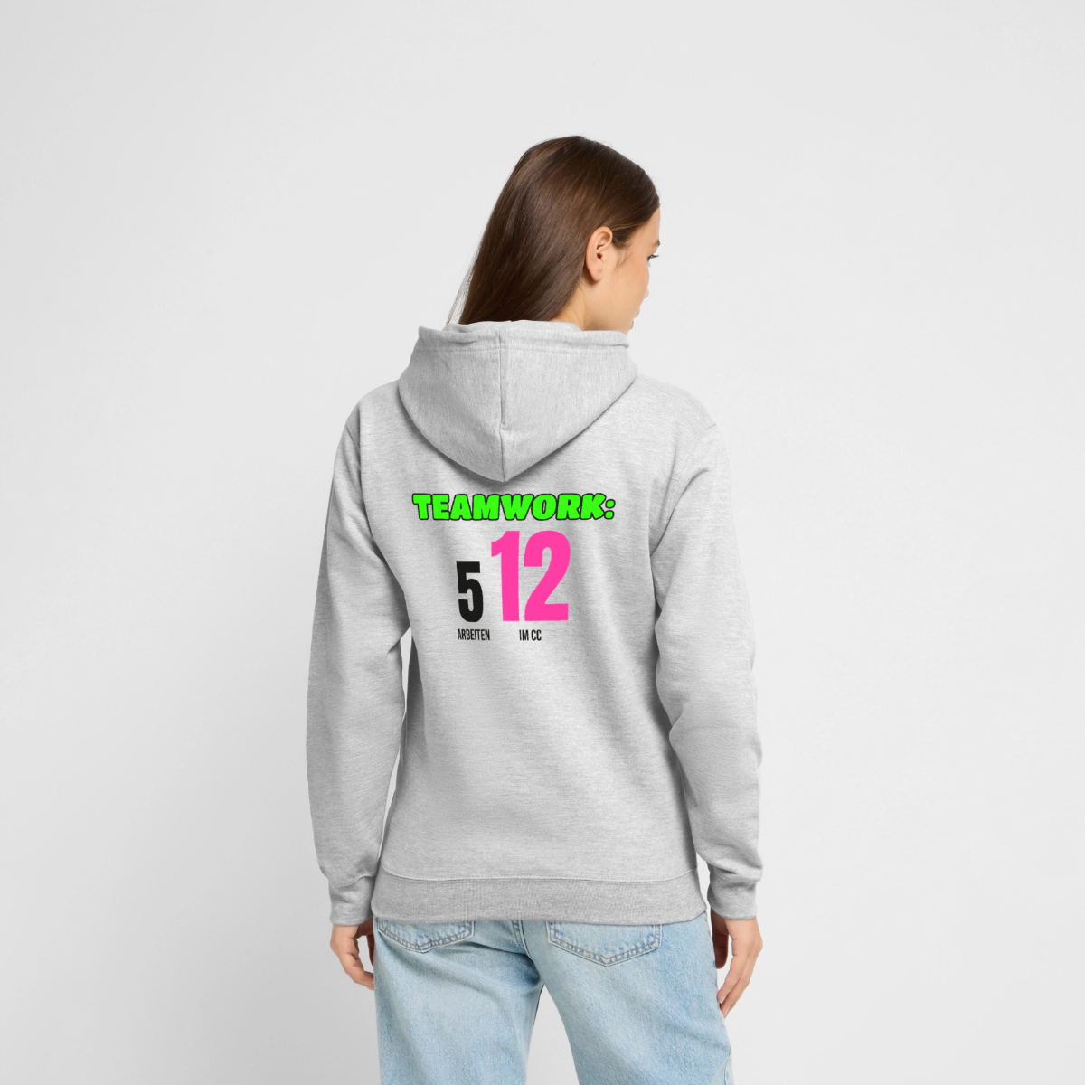 "Teamwork: 5 arbeiten, 12 im CC" Motiv-Hoodie unisex, Farbe Hellgrau meliert