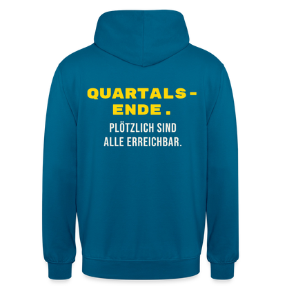 Quartalsende. Plötzlich sind alle erreichbar. Motiv-Hoodie unisex, Farbe Tiefseeblau