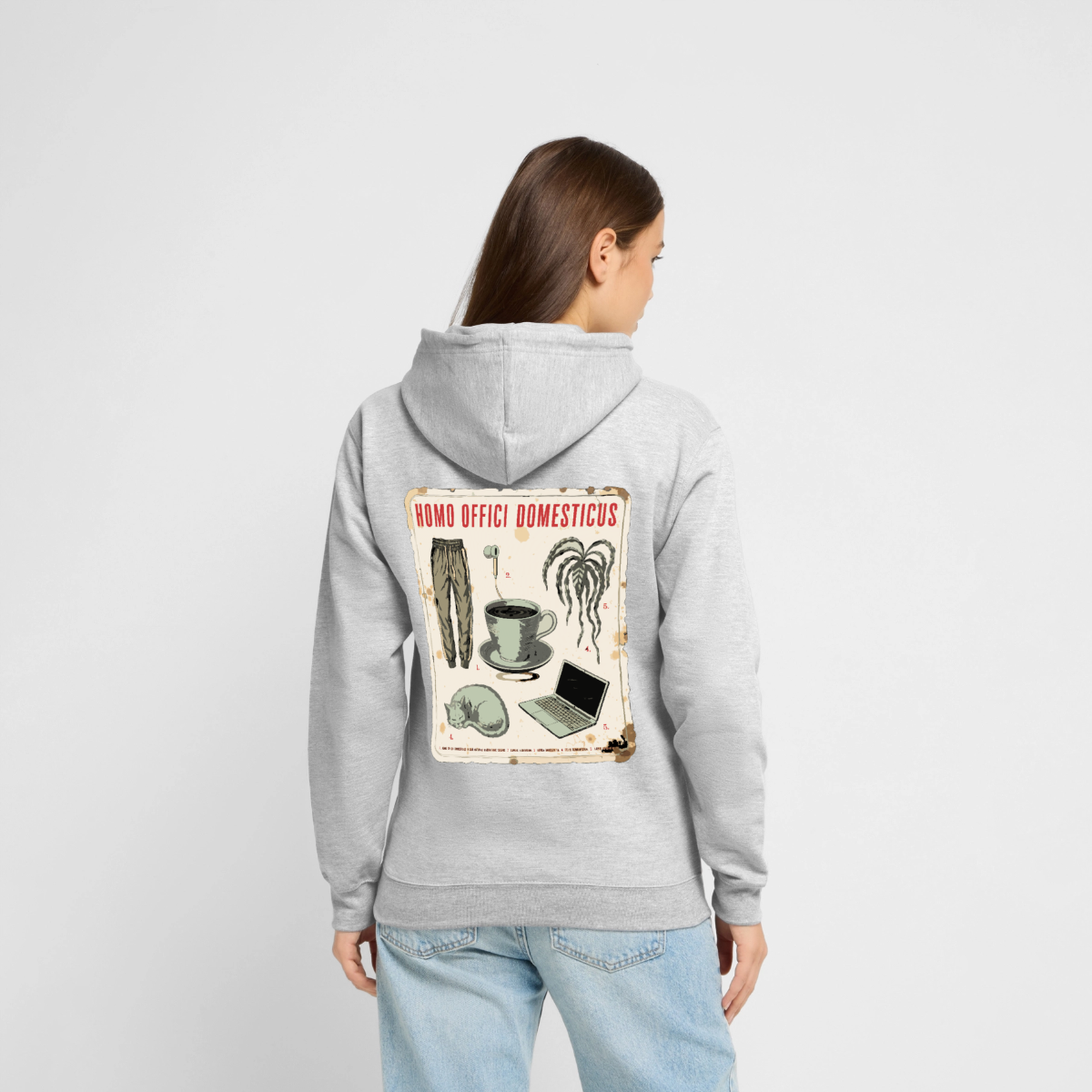 Homo Offici Domesticus Motiv-Hoodie unisex, Farbe Hellgrau meliert, Model