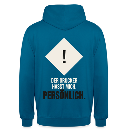 "Der Drucker hasst mich. Persönlich." Motiv-Hoodie unisex, Farbe Tiefseeblau