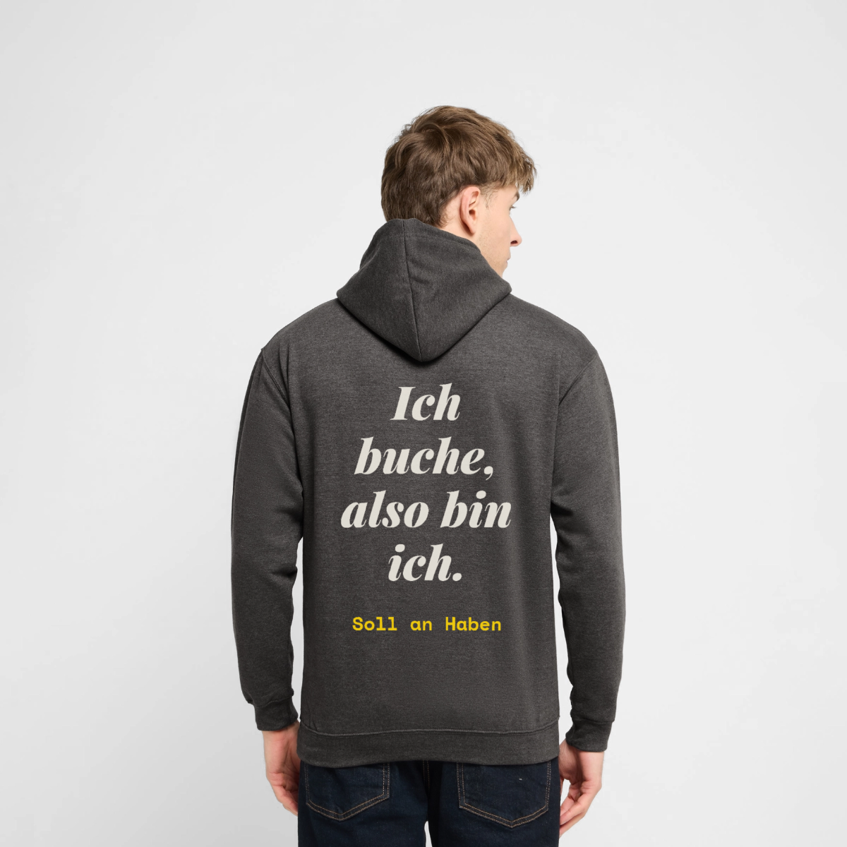 "Ich buche, also bin ich." Motiv-Hoodie unisex, Farbe Anthrazit, Model