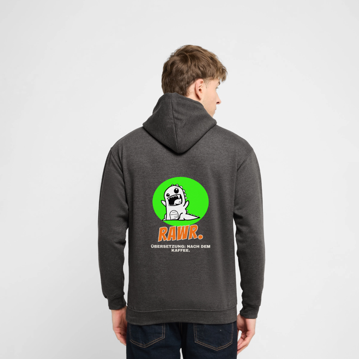 Rawr. Übersetzung: nach dem Kaffee. Sticker-Motiv Motiv-Hoodie unisex, Farbe Anthrazit, Model