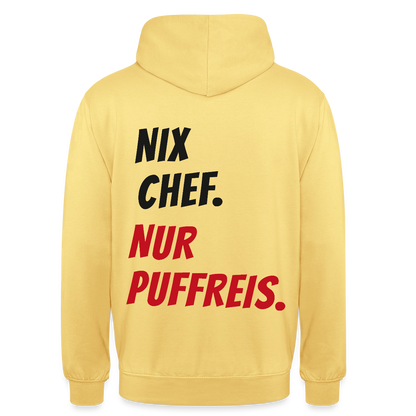 "Nix Chef. Nur Puffreis." Motiv-Hoodie unisex, Farbe Zitronengelb