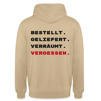 Bestellt. Geliefert. Verräumt. Vergessen. Motiv-Hoodie unisex, Farbe Beige